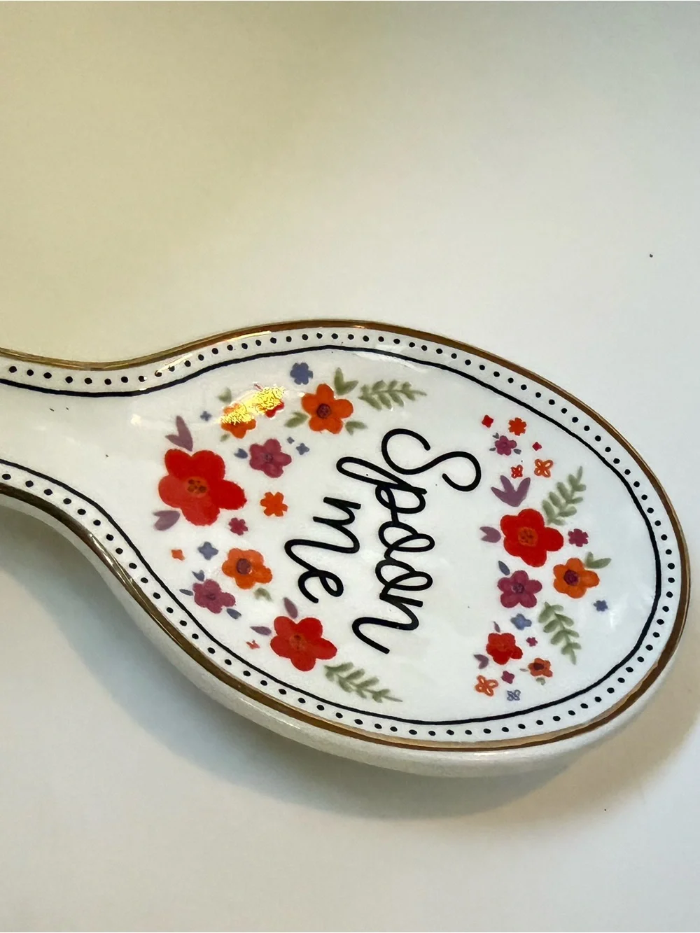 Decorative White Ceramic Spoon Rest with Red Floral Accents